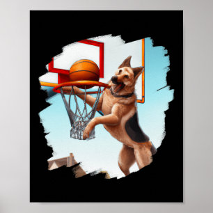 Affiche Berger Allemand Jouant Basketball Fun Chien Basket