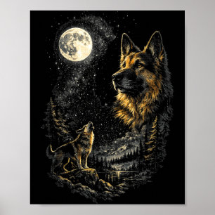 Affiche berger allemand lune hurle rétro vintage 90s chien
