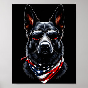 Affiche Berger allemand noir drapeau américain 4 juillet