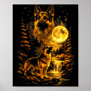 Affiche Berger Allemand Nuit au Clair de Lune Art Chien Hu