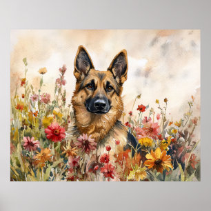 Affiche Berger Allemand parmi des fleurs sauvages vibrante