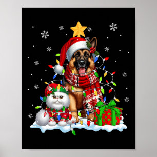 Affiche Berger Allemand père Noël Avec Feu De Noël Chat El