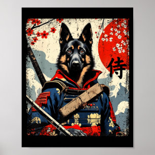 Affiche Berger allemand samouraï japonais Kawaii Ukiyo-E