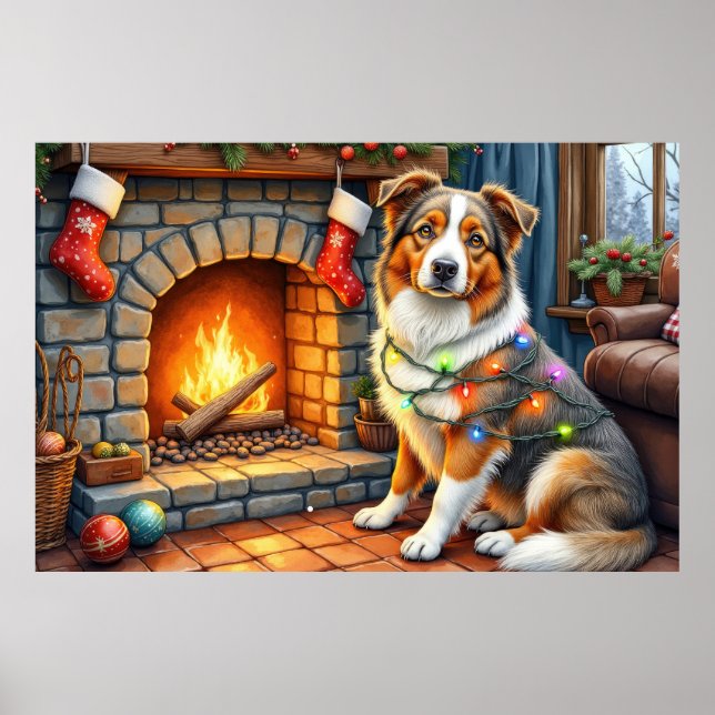Affiche Berger Australien Cheminée avec Lumière de Noël (Devant)