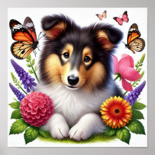 Affiche Berger des Shetland avec Fleurs et Papillons