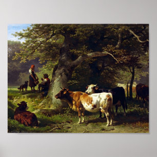Affiche Berger et troupeau de vache à l'étang