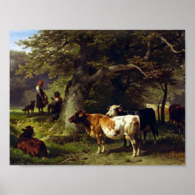 Affiche Berger et troupeau de vache à l'étang (Devant)