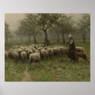 Affiche Bergère avec un troupeau des moutons, mauve