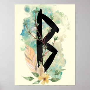 Affiche Berkano Floral Vert & Jaune Norse Futhark Rune