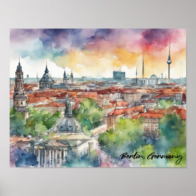 Affiche Berlin Allemagne Toits Colorés Aquarelle (Devant)