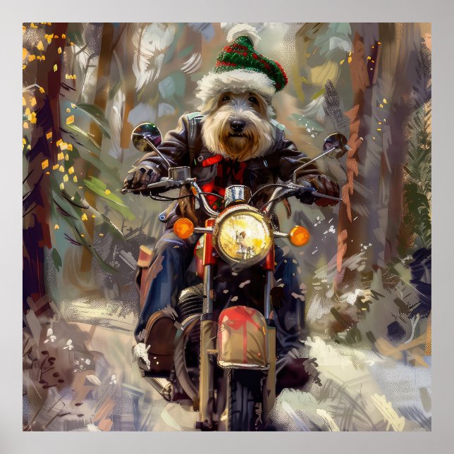 Affiche Bernedoodle Chien Conduisant une Moto de Noël  (Devant)