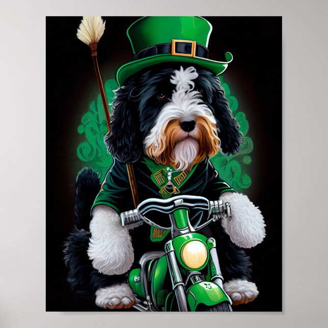 Affiche Bernedoodle Chien conduisant vélo St. Patrick's Da (Devant)