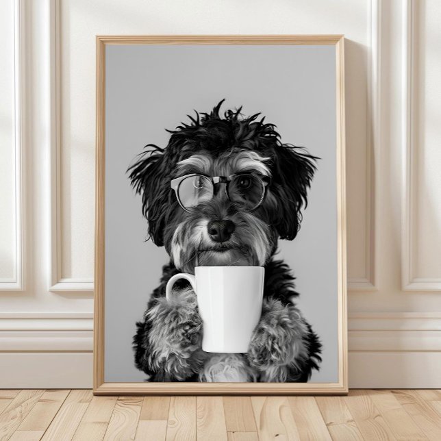 Affiche Bernedoodle et café, art mural, noir et blanc (Créateur téléchargé)