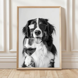 Affiche Bernese Mountain Dog and Wine Wall Art, Black and 