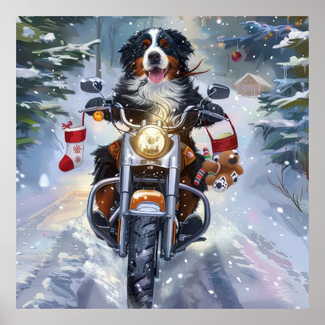 Affiche Bernese Mountain Dog en moto à Noël (Devant)
