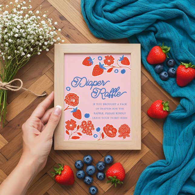 Affiche Berries et fleurs de baby shower à fraise (Baby Shower Diaper Raffle Berries & Flowers Poster)