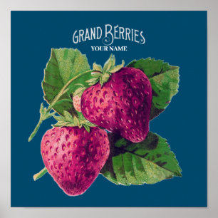Affiche Berry aux fraises vintages Ajouter votre nom Blue