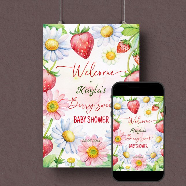 Affiche Berry baby shower de fraise douce marguerite bienv (Berry sweet summer garden daisy strawberry baby shower welcome sign poster template instant download)
