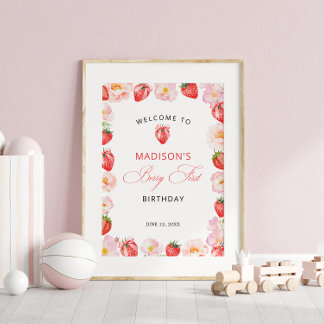 Affiche Berry First Birthday Strawberry Bow Welcome