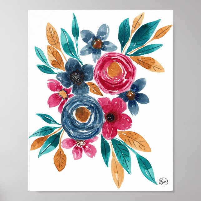 Affiche Berry Red Navy Mustard Watercolor Fleurs Art (Devant)