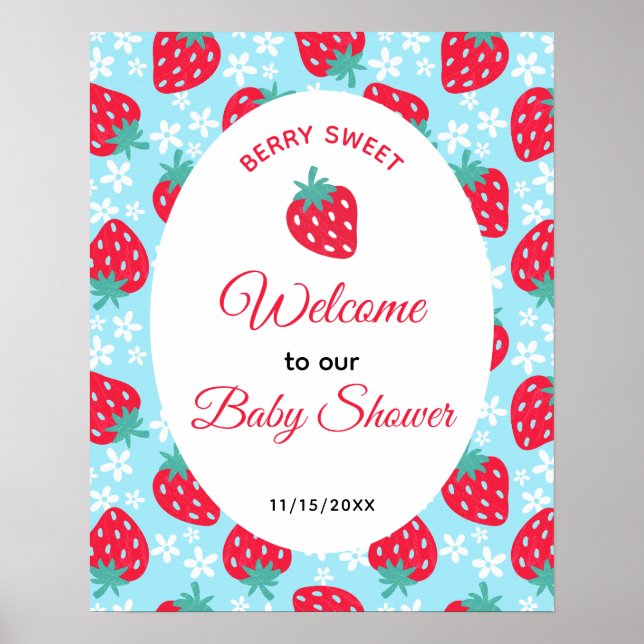 Affiche Berry Sweet Blue Strawberry Baby Shower Welcome (Devant)