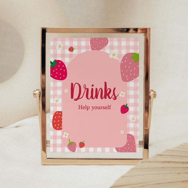 Affiche Berry Sweet En vichy Baby shower fraise Boissons (Gingham Strawberry Berry Sweet Baby Shower Drinks Sign)