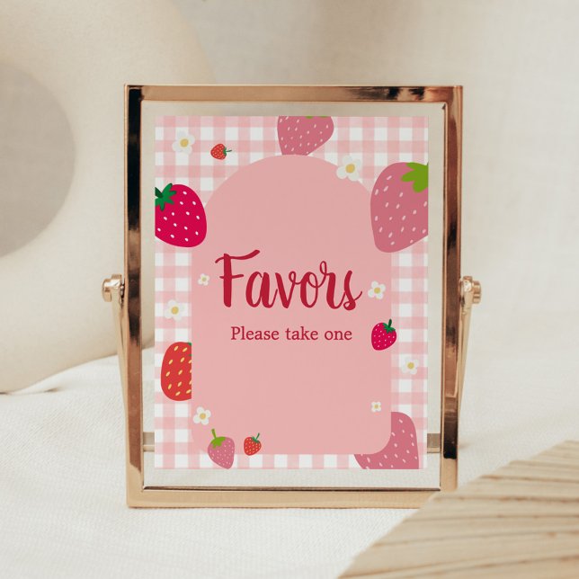 Affiche Berry Sweet En vichy Fraise Baby shower Faveurs (Gingham Strawberry Berry Sweet Baby Shower Favors Sign)