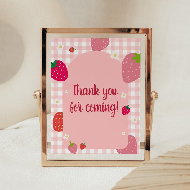 Affiche Berry Sweet En vichy fraise Merci pour venir (Gingham Strawberry Berry Sweet Baby Shower Thank you for Coming Sign)