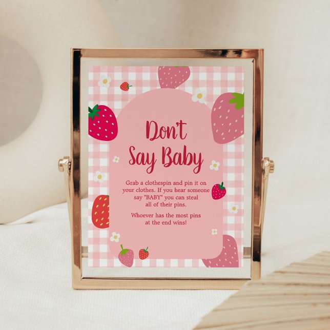 Affiche Berry Sweet En vichy fraise Ne pas dire bébé (Gingham Strawberry Berry Sweet Baby Shower Don't Say Baby Sign)