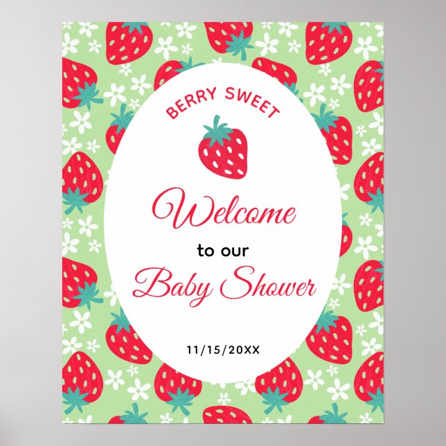 Affiche Berry Sweet Green Strawberry Baby Shower Welcome (Devant)