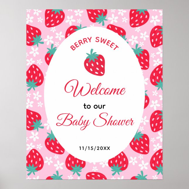 Affiche Berry Sweet Pink Strawberry Baby Shower Welcome (Devant)