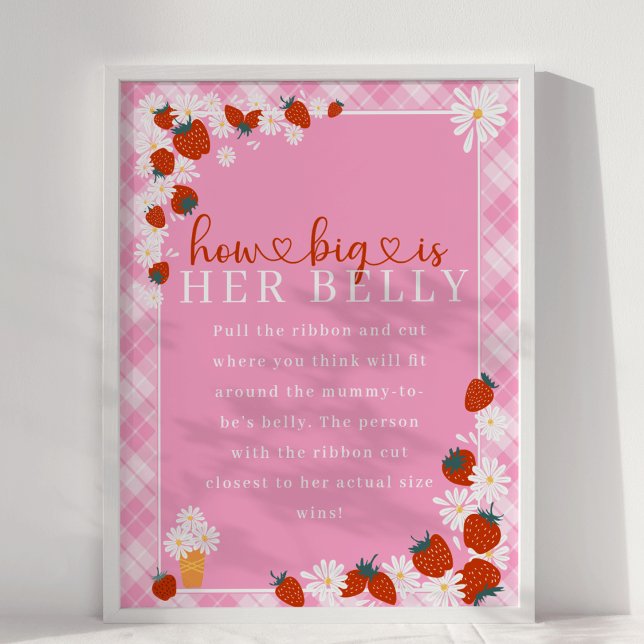 Affiche Berry Sweet Quelle est la taille de son ventre Bab (Someone Berry Sweet Way Summer Daisy Flower & Strawberry Pink Plaid How Big is Her Belly Baby Shower)