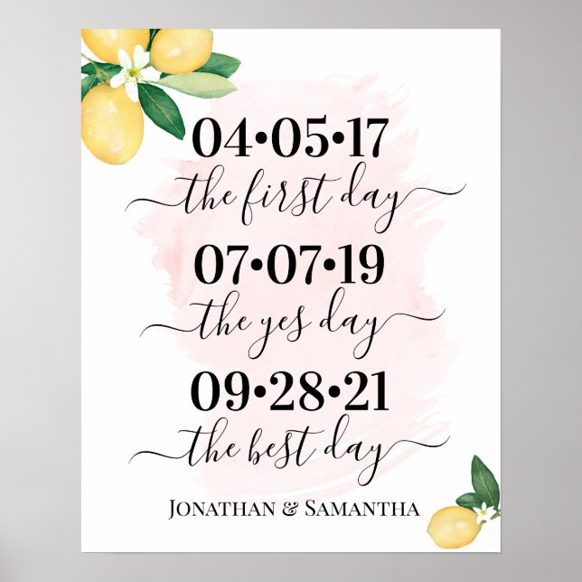 Affiche Best Day Wedding Date Yes Day Pink Lemons Sign (Devant)
