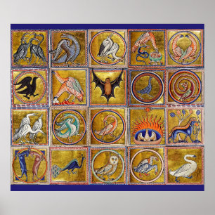 AFFICHE BESTIAIRE MÉDIÉVAL, ANIMAUX FANTASTIQUES, ROUGE D'