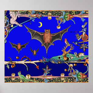 AFFICHE BESTIAIRE MÉDIÉVAL, BATS DE VOL ANIMAUX DE FORÊT B