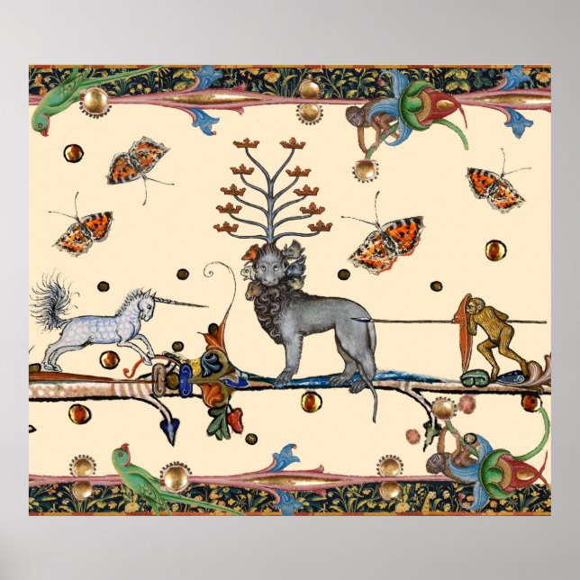 AFFICHE BESTIAIRE MÉDIÉVAL, BÊTE APOCALIYPTIQUE, UNICORN (Devant)