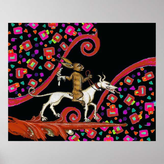 Affiche BESTIAIRE MÉDIÉVAL ÉTRANGE Lapin montant un chien  (Devant)