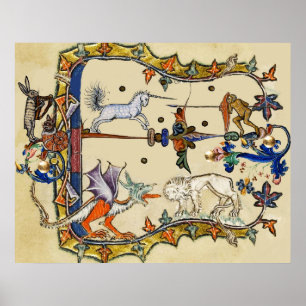AFFICHE BESTIAIRE MÉDIÉVAL ÉTRANGE, LICORNE COMBATTANT LE