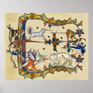 AFFICHE BESTIAIRE MÉDIÉVAL ÉTRANGE, LICORNE COMBATTANT LE