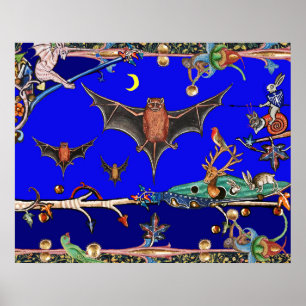 AFFICHE BESTIAIRE MÉDIÉVAL, FORÊT D'ANIMAUX CHAUVES-SOURIS