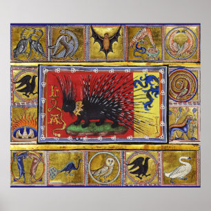 Affiche BESTIAIRE MÉDIÉVAL, ROI HÉRISSON NOIR et ANIMAUX 