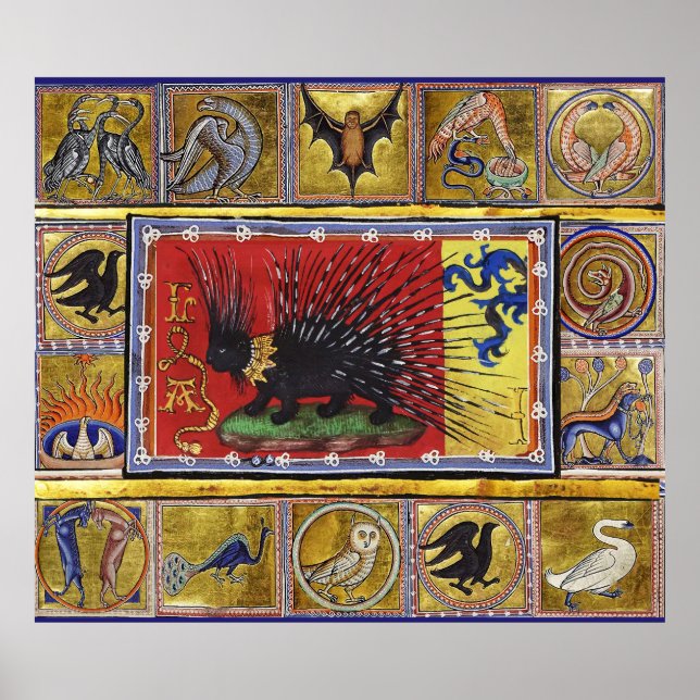 Affiche BESTIAIRE MÉDIÉVAL, ROI HÉRISSON NOIR et ANIMAUX  (Devant)