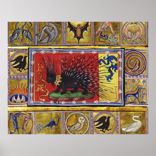 Affiche BESTIAIRE MÉDIÉVAL, ROI HÉRISSON NOIR et ANIMAUX  (Devant)