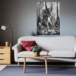 Affiche bête d'art noir et blanc dans la forêt   Art AI
