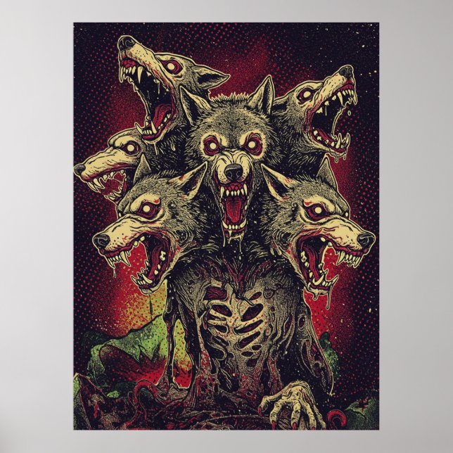 Affiche Bête de loup-garou féroce à trois têtes (Devant)