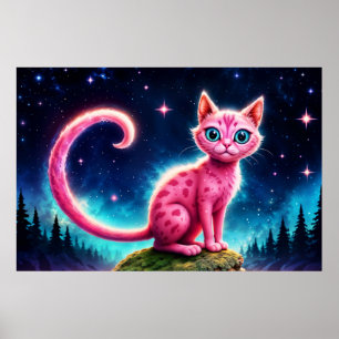 Affiche Bête imaginaire rose dans la vallée étoilée noctur