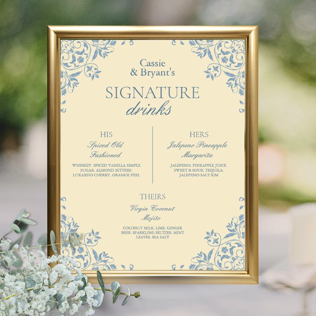 Affiche Beurre vintage Jaune Mariage Signature Boissons (vintage butter yellow and blue wedding bar menu with signature drinks for the bride groom and them)