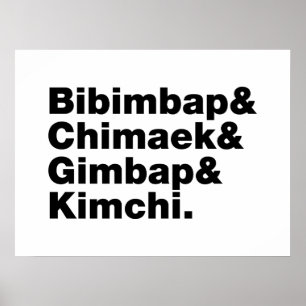 Affiche Bibimbap & Chimaek & Gimbap & Kimchi. Aliments cor