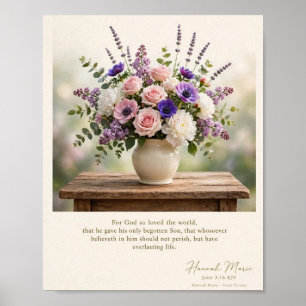 Affiche Bible KJV-Jean 3:16-Fleurs roses violettes