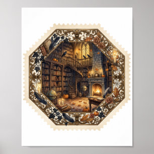 Affiche Bibliothèque Ensorcelée Timbre Halloween Art Vinta